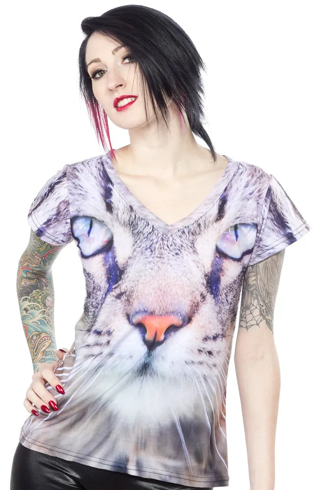 BELOVED CAT STARE V NECK TEE