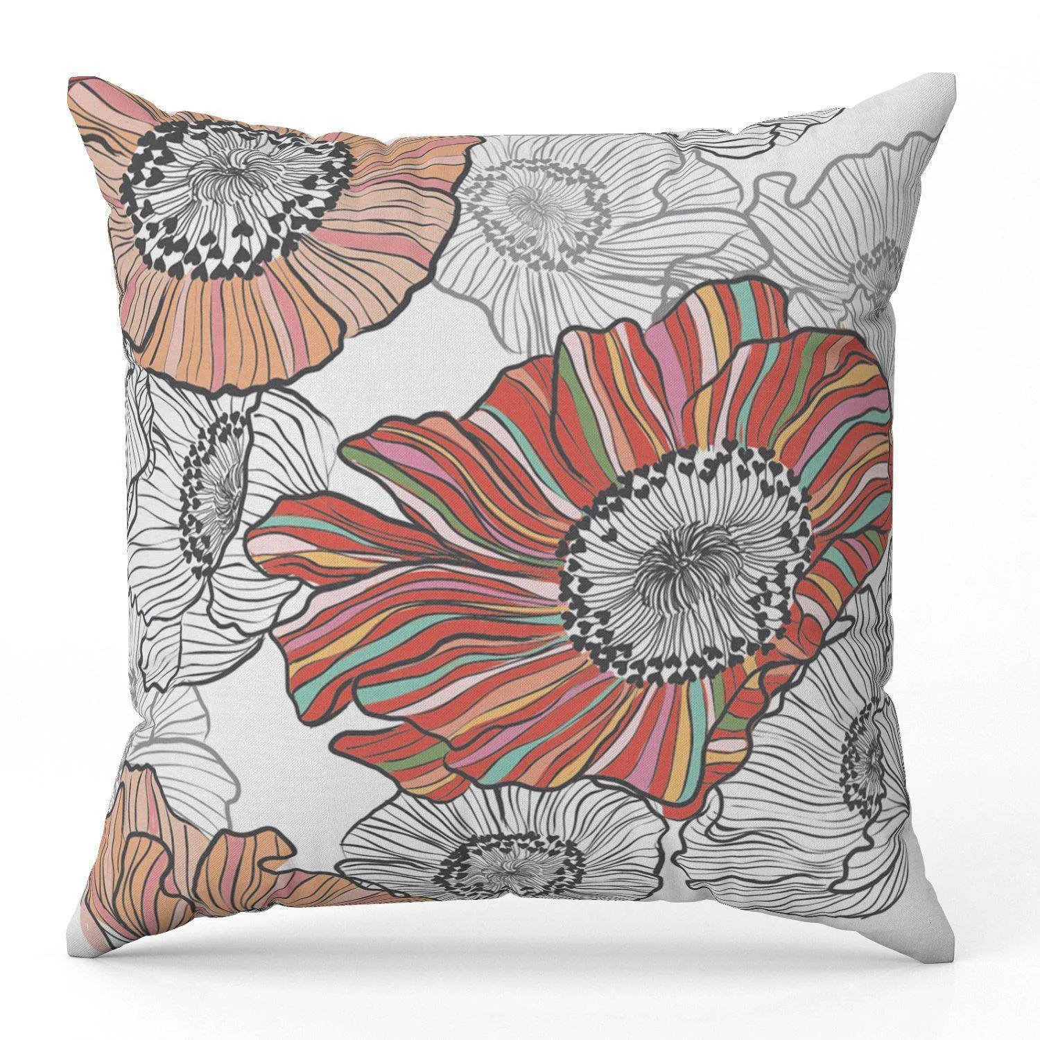 Candy Stripe Poppies (White) - Funky Art Cushion - Paradise Garden - House Of Turnowsky Pillows