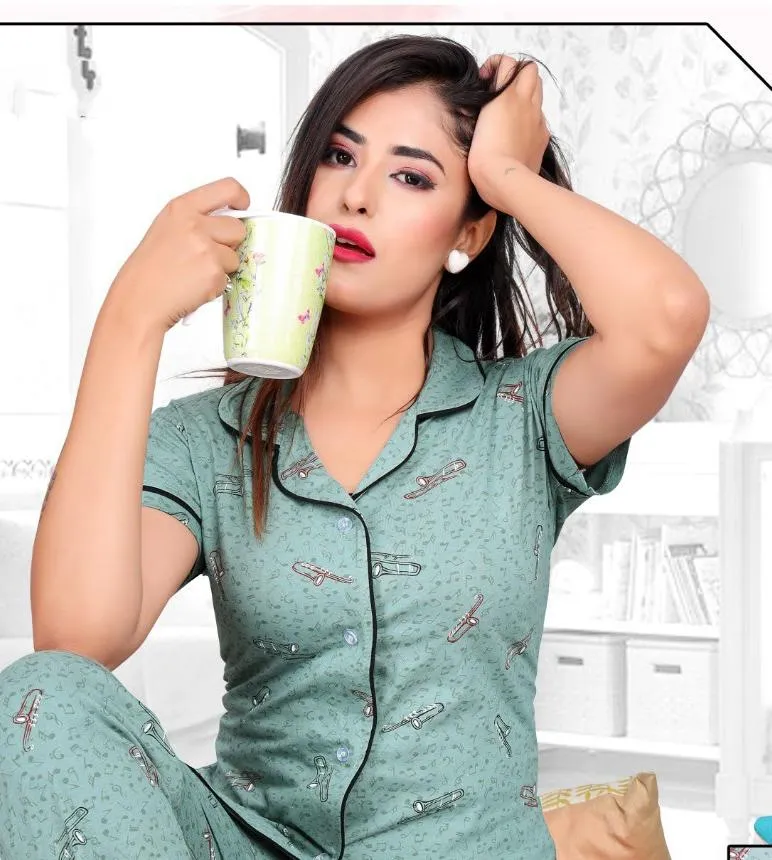 Cotton Pista Green Printed Collar Top Pyjama Sets Night Wear