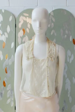 Early 1900s-1910s Sheer Silk Net Embroidered Lace Collar Blouse Corset Cover
