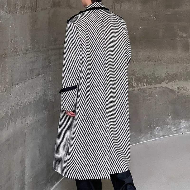 Retro Thickened Woven Twill Splicing Long Over-the-knee Coat