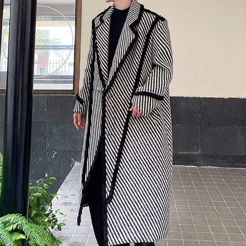 Retro Thickened Woven Twill Splicing Long Over-the-knee Coat