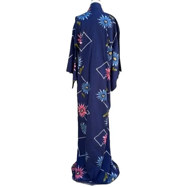 Vintage Japanese Traditional Floral Tall Yukata Kimono Robe - No Obi Or Closure