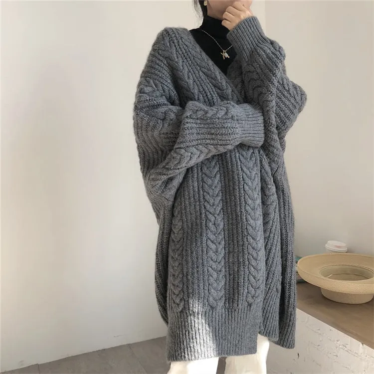 Wenkouban fall outfits aesthetic Autumn and Winter Thickened Loose Long Twist Sweater Knitted Cardigan Coat Fashionable Simple Retro Mid-Length Women