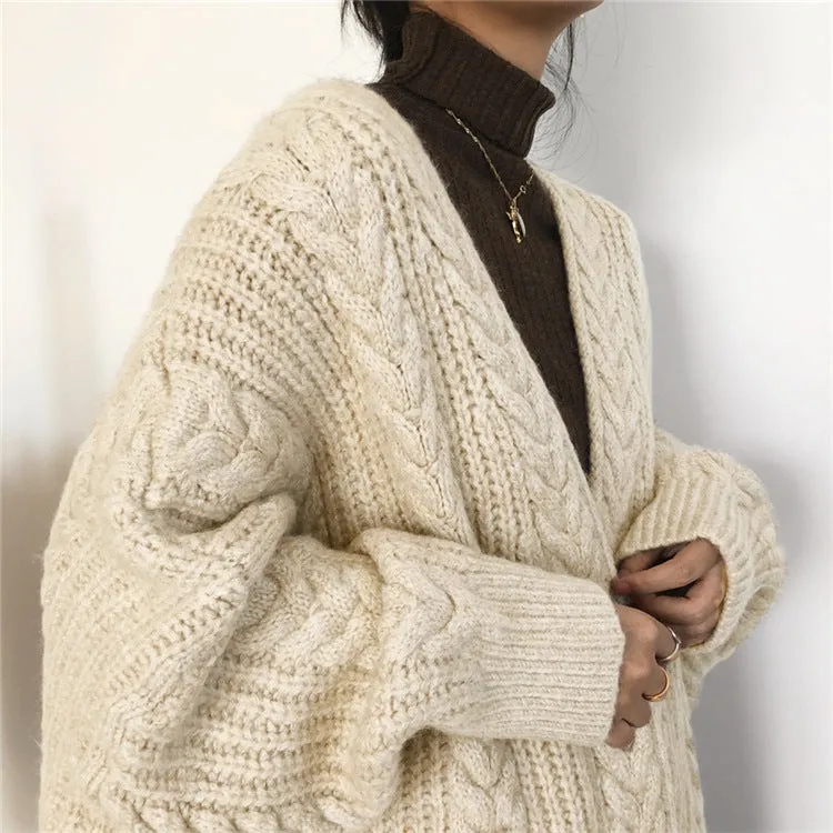 Wenkouban fall outfits aesthetic Autumn and Winter Thickened Loose Long Twist Sweater Knitted Cardigan Coat Fashionable Simple Retro Mid-Length Women