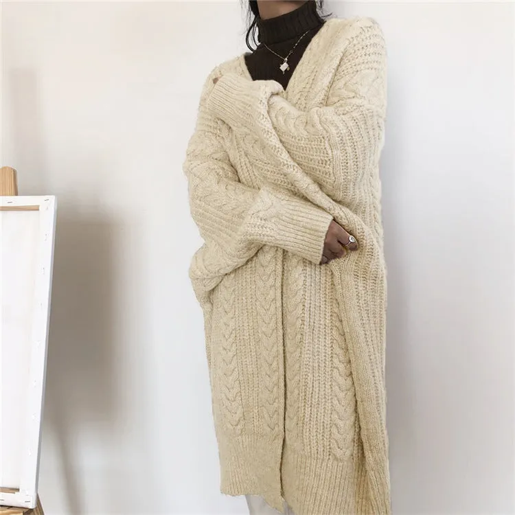 Wenkouban fall outfits aesthetic Autumn and Winter Thickened Loose Long Twist Sweater Knitted Cardigan Coat Fashionable Simple Retro Mid-Length Women