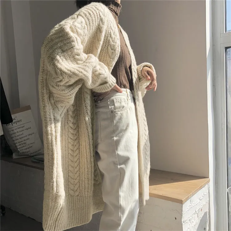 Wenkouban fall outfits aesthetic Autumn and Winter Thickened Loose Long Twist Sweater Knitted Cardigan Coat Fashionable Simple Retro Mid-Length Women