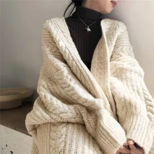 Wenkouban fall outfits aesthetic Autumn and Winter Thickened Loose Long Twist Sweater Knitted Cardigan Coat Fashionable Simple Retro Mid-Length Women
