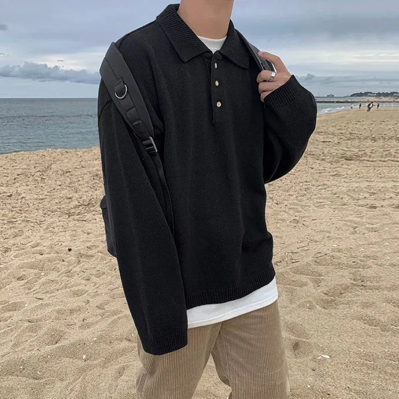 Wiaofellas  -  Style Korean Autumn Winter Fashion Simple Solid Color Knitting Pullovers Men's New Loose Lapel Thickened Sweater Tide