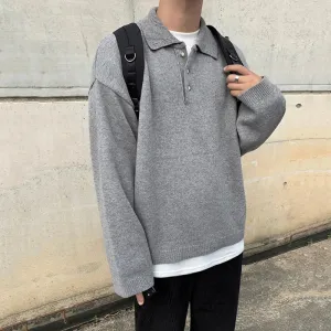 Wiaofellas  -  Style Korean Autumn Winter Fashion Simple Solid Color Knitting Pullovers Men's New Loose Lapel Thickened Sweater Tide