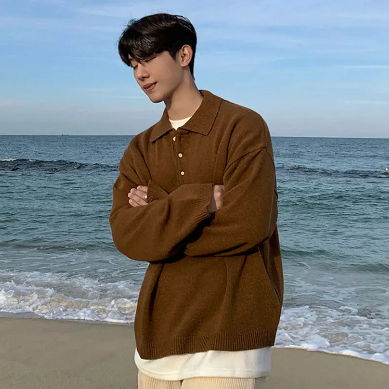 Wiaofellas  -  Style Korean Autumn Winter Fashion Simple Solid Color Knitting Pullovers Men's New Loose Lapel Thickened Sweater Tide